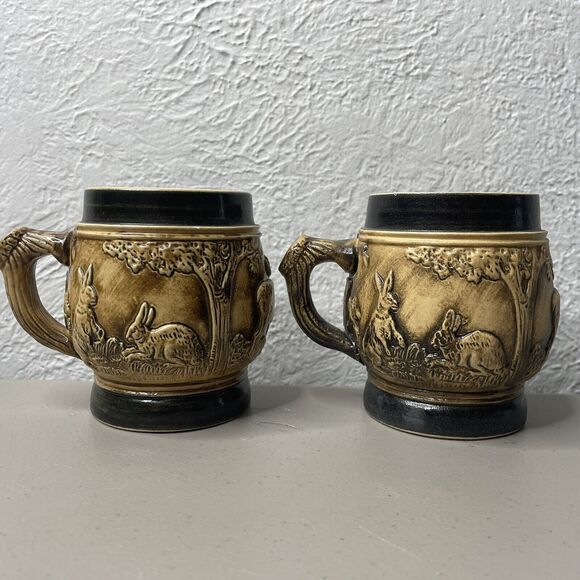 Schmidt Other - 2 VTG‎ Beer or Coffee Stone Wear Mugs 4" Tall Rabbits Deer Black Trim Germany